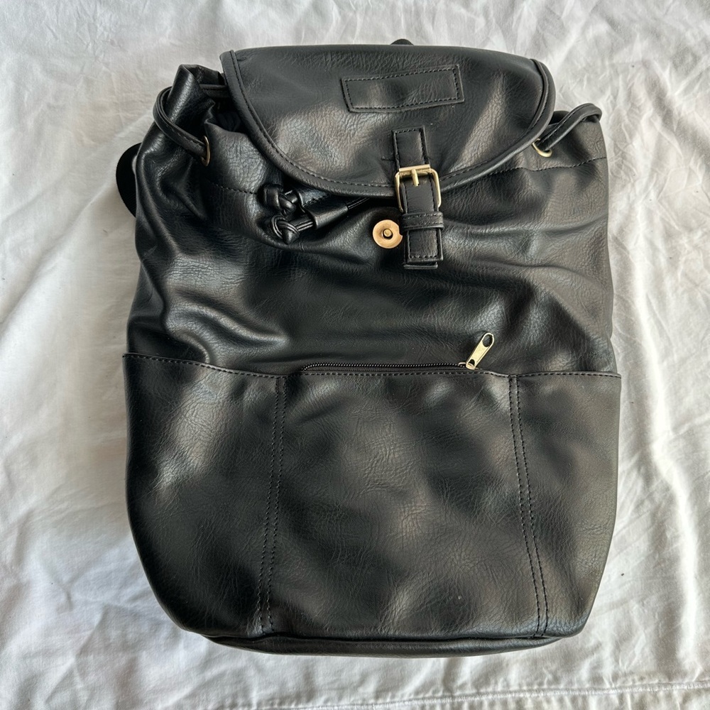 Black Faux Leather Drawstring Backpack with Gold Buckle
